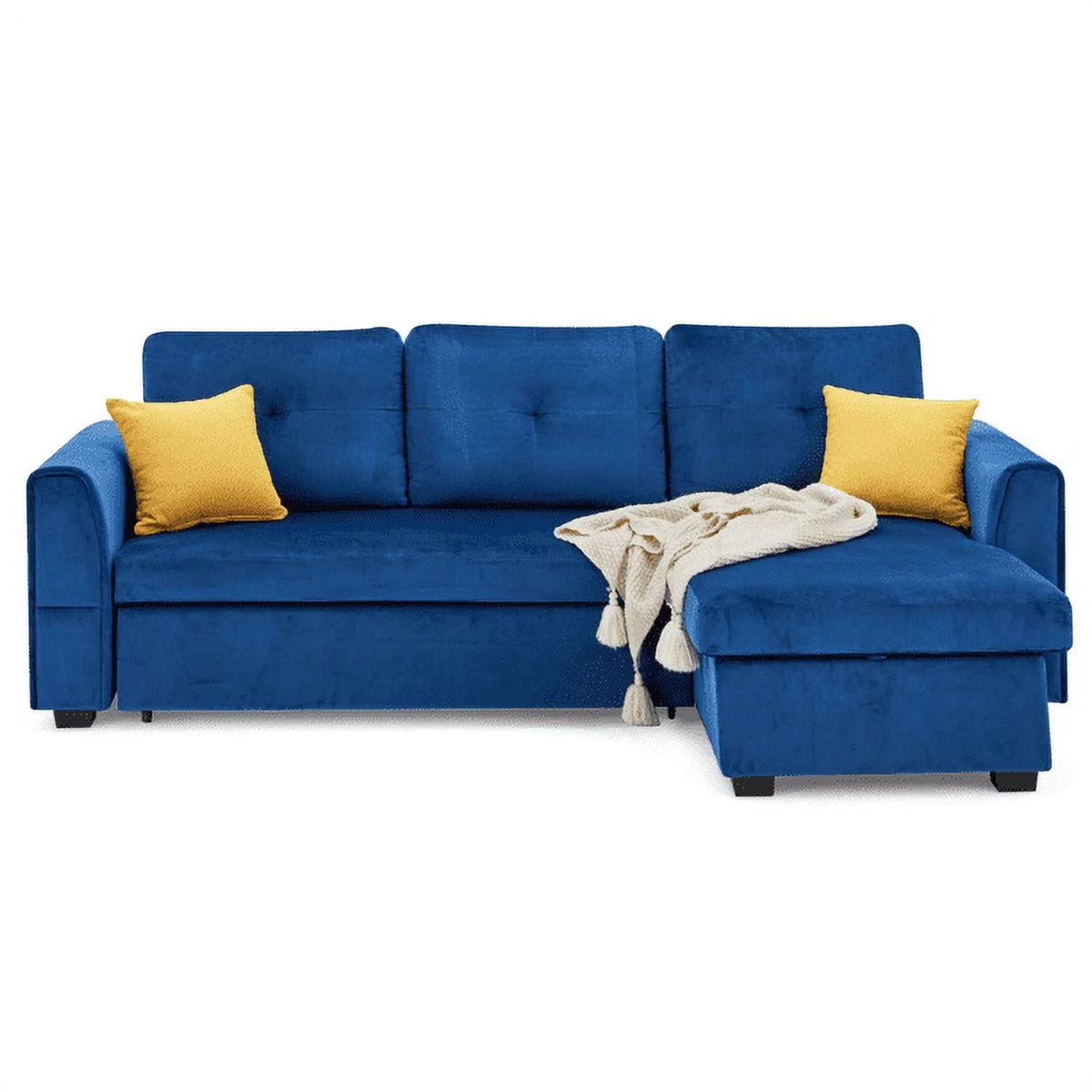 Blue Flannel L-Shaped Sleeper Sofa with Storage Ottoman Y273558