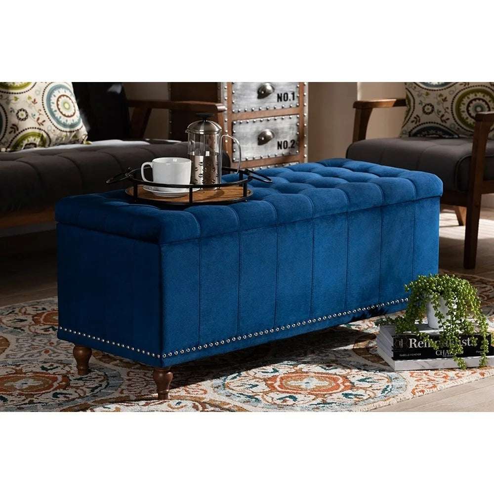 Navy Blue Velvet Button-Tufted Storage Ottoman Bench T5681