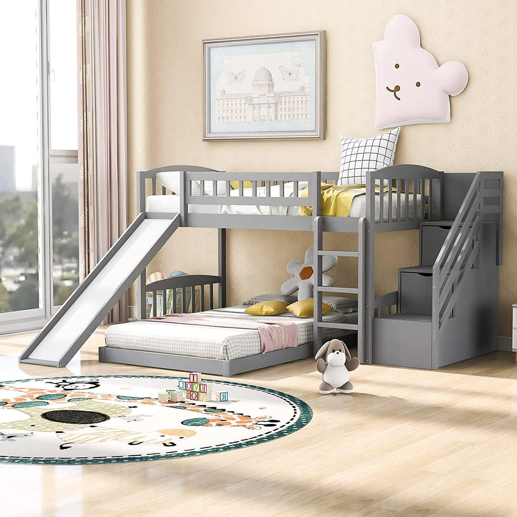 White Solid Wood Twin Over Twin Bunk Bed with Storage Staircase, Slide, and Two Drawers F494