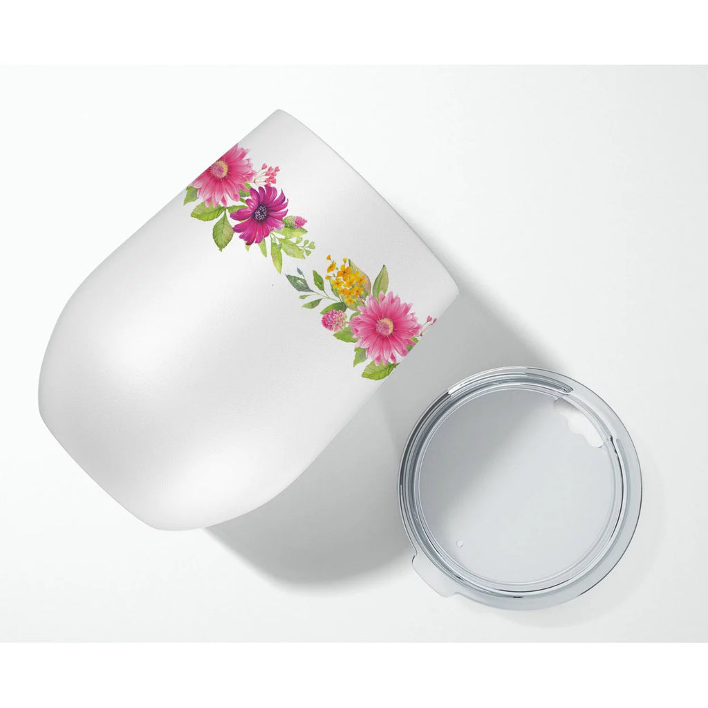 Doberman Pinsher Pink Flowers Stainless Steel 12 oz Stemless Wine Glass S915