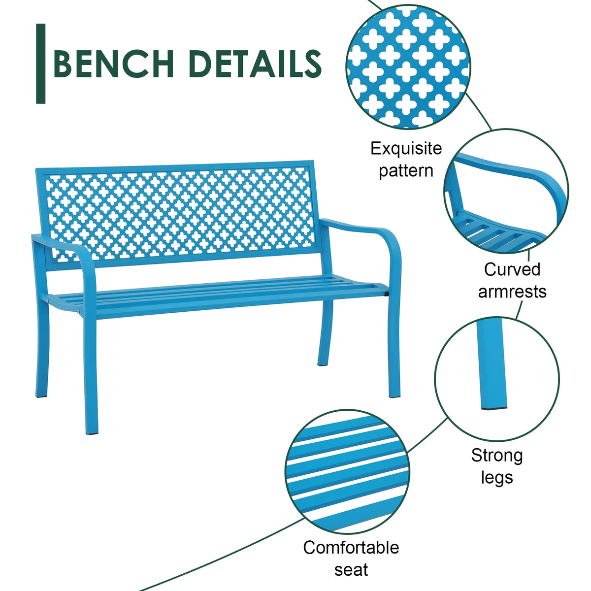 50in Blue Metal Outdoor Garden Bench with Armrest K400