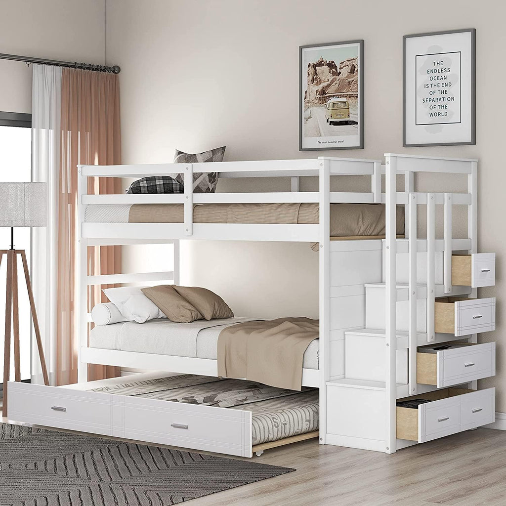 White Solid Wood Twin Over Twin Bunk Bed with Storage Staircase, Slide, and Two Drawers F494