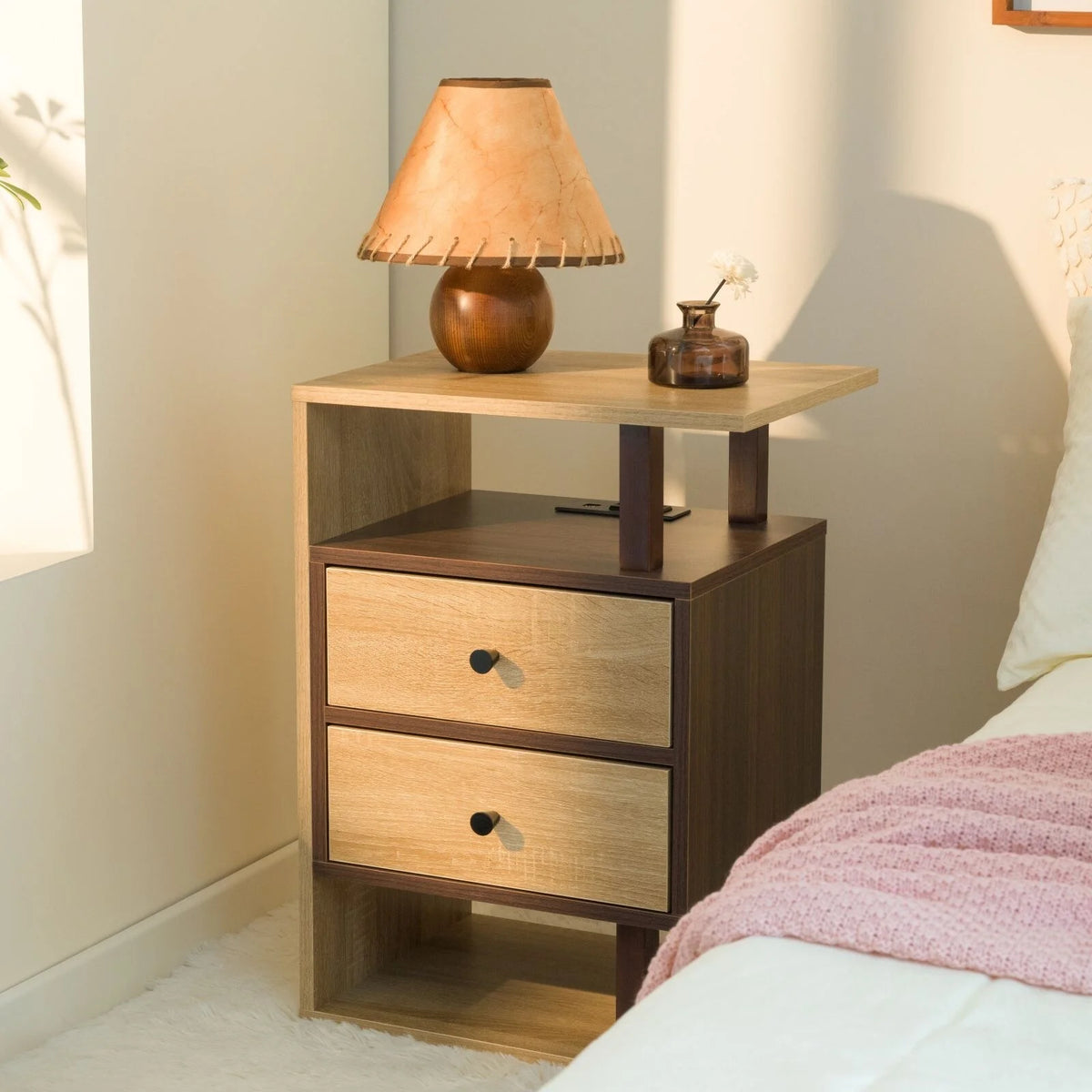 Nightstand with Charging Station 2 Drawers Bed Side Table Y82951