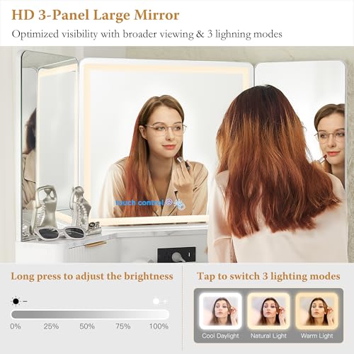 White Corner Vanity Desk with Mirror and Lights, Glass Top, 3 Drawers J111048